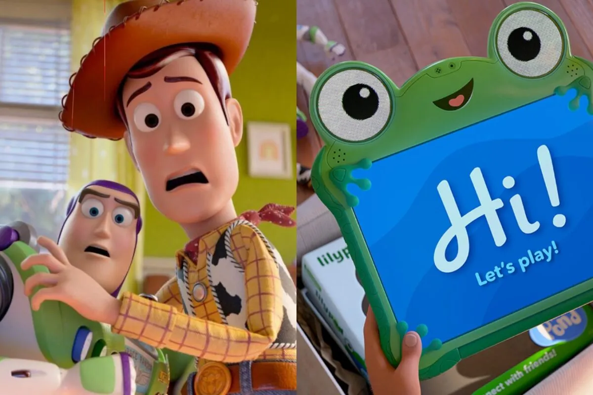 Woody, Buzz Lightyear, and Jessie looking concerned at a glowing smart tablet named Lilypad.