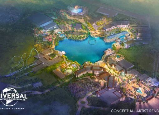 A colorful drawing of a new Universal theme park with a big castle and exciting rides.