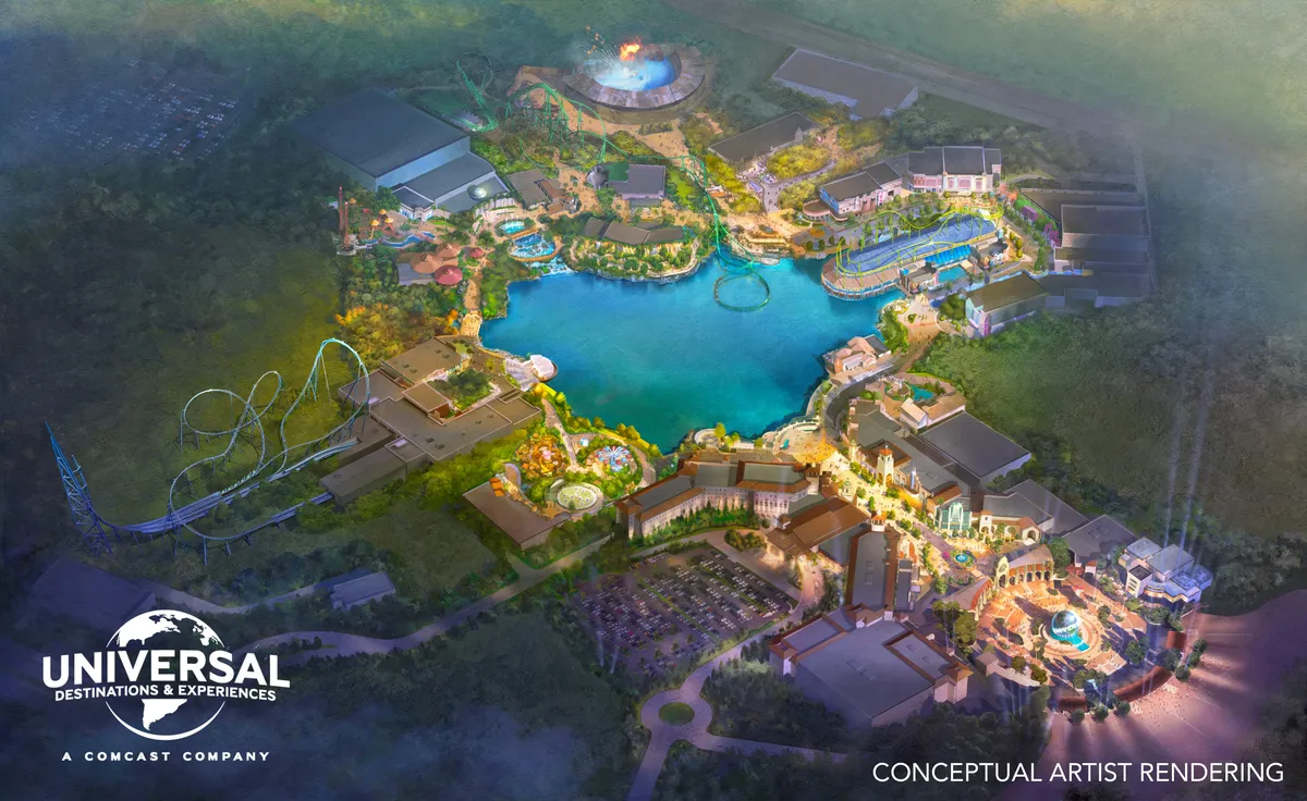 A colorful drawing of a new Universal theme park with a big castle and exciting rides.