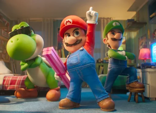 Mario flying through a colorful, star-filled space in a scene from the Super Mario Galaxy Movie.