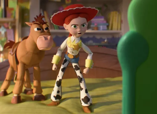 Woody and Buzz Lightyear standing together in a colorful scene.