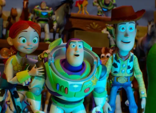 Woody and Buzz Lightyear standing together in a brightly colored room