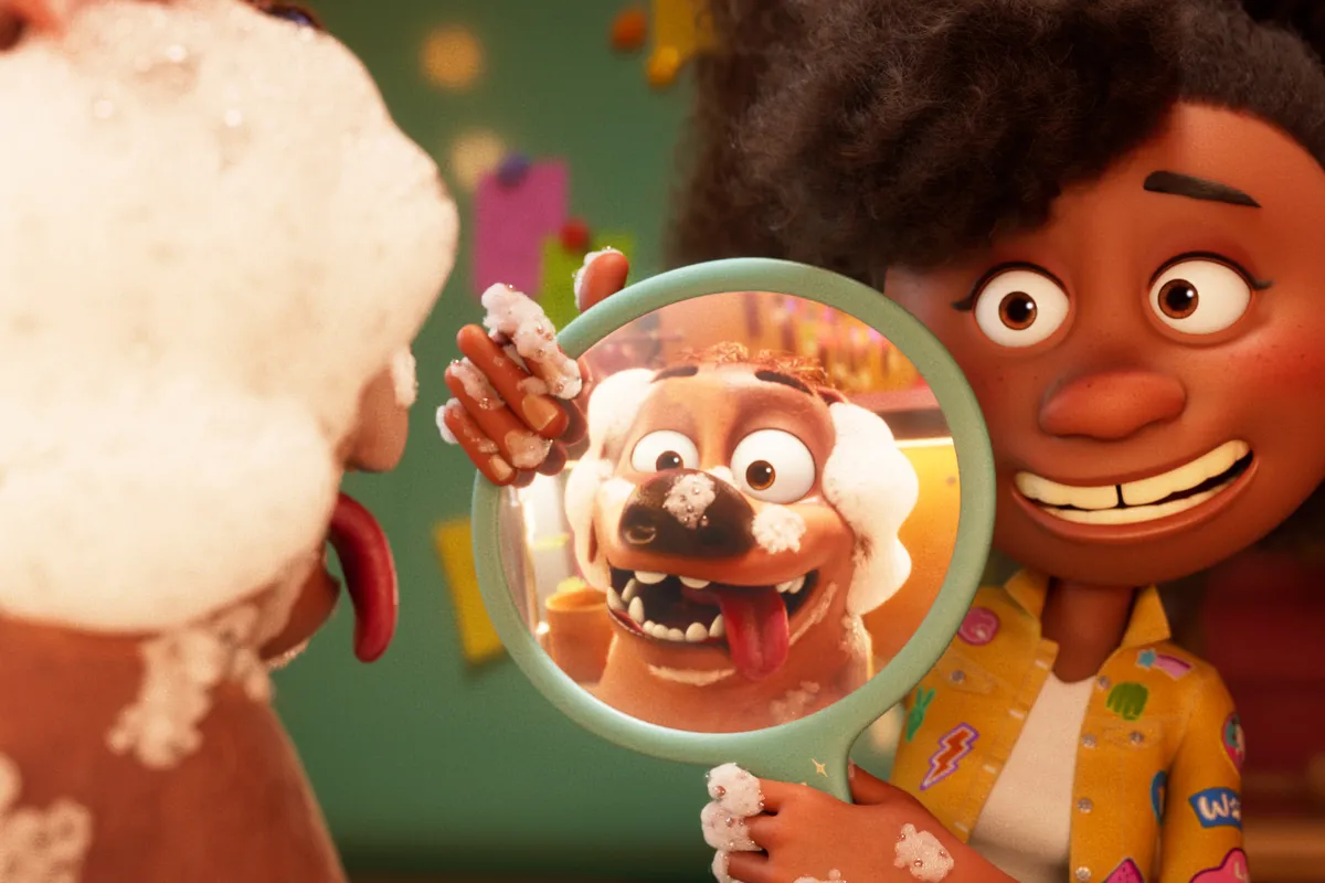 An illustration of a quirky, heartwarming animated dog character from the movie Yugly, with a distinctly European animation style.