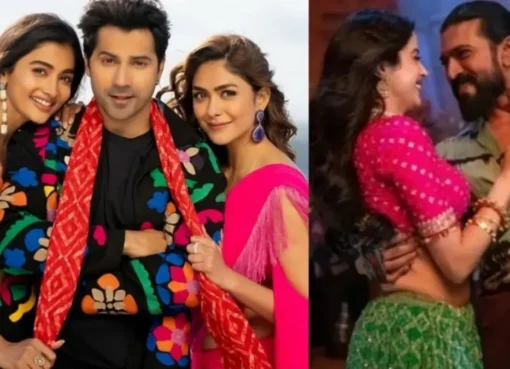 Varun Dhawan, Pooja Hegde, and Mrunal Thakur laughing in a promotional still for 'Hai Jawani Toh Ishq Hona Hai'.