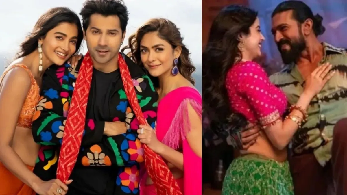 Varun Dhawan, Pooja Hegde, and Mrunal Thakur laughing in a promotional still for 'Hai Jawani Toh Ishq Hona Hai'.