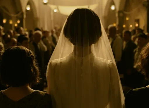 A still image from 'The Wedding Dress' movie showing the lead actress in a vintage wedding dress.