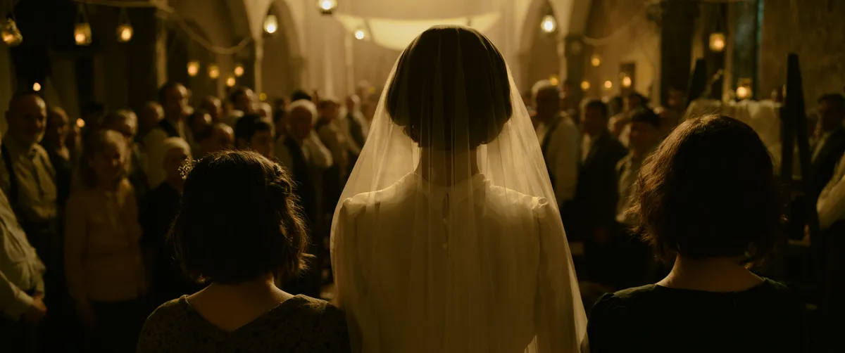 A still image from 'The Wedding Dress' movie showing the lead actress in a vintage wedding dress.