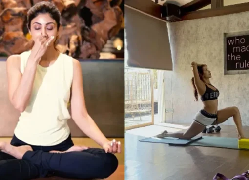 Bollywood actress Shilpa Shetty in a graceful yoga pose.