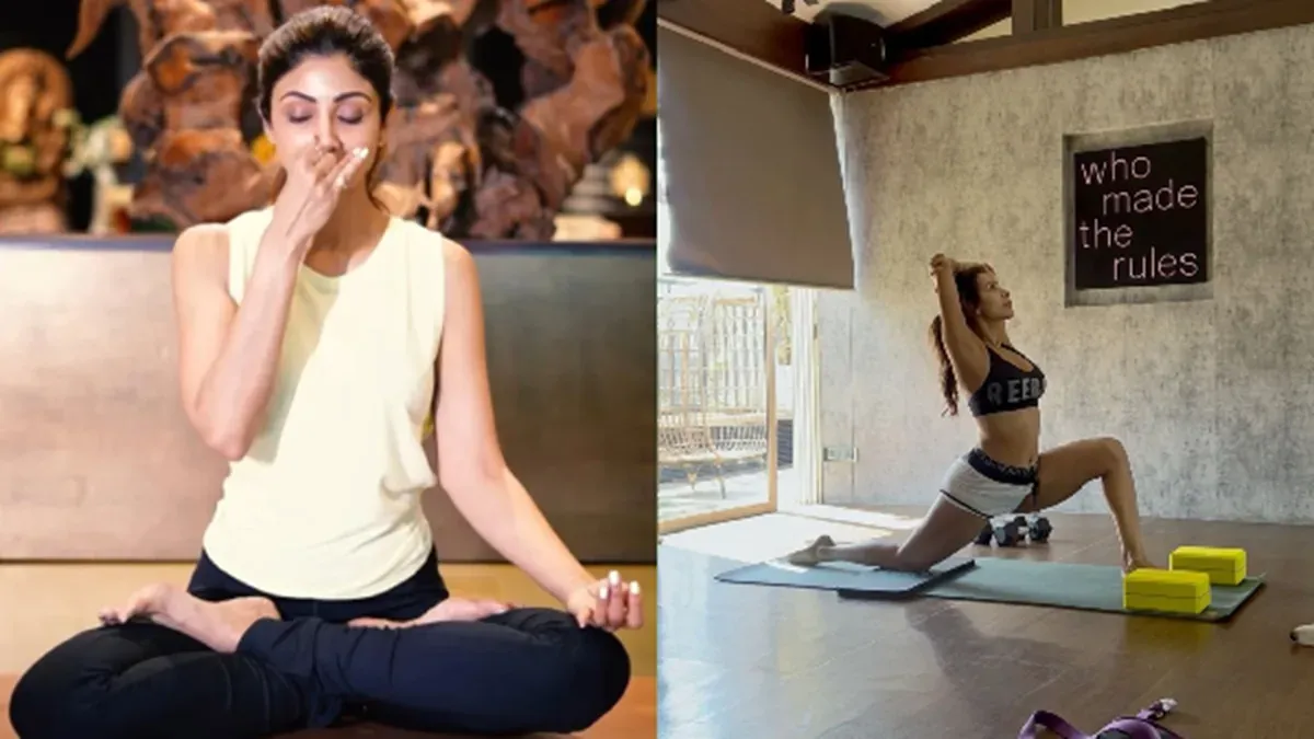 Bollywood actress Shilpa Shetty in a graceful yoga pose.