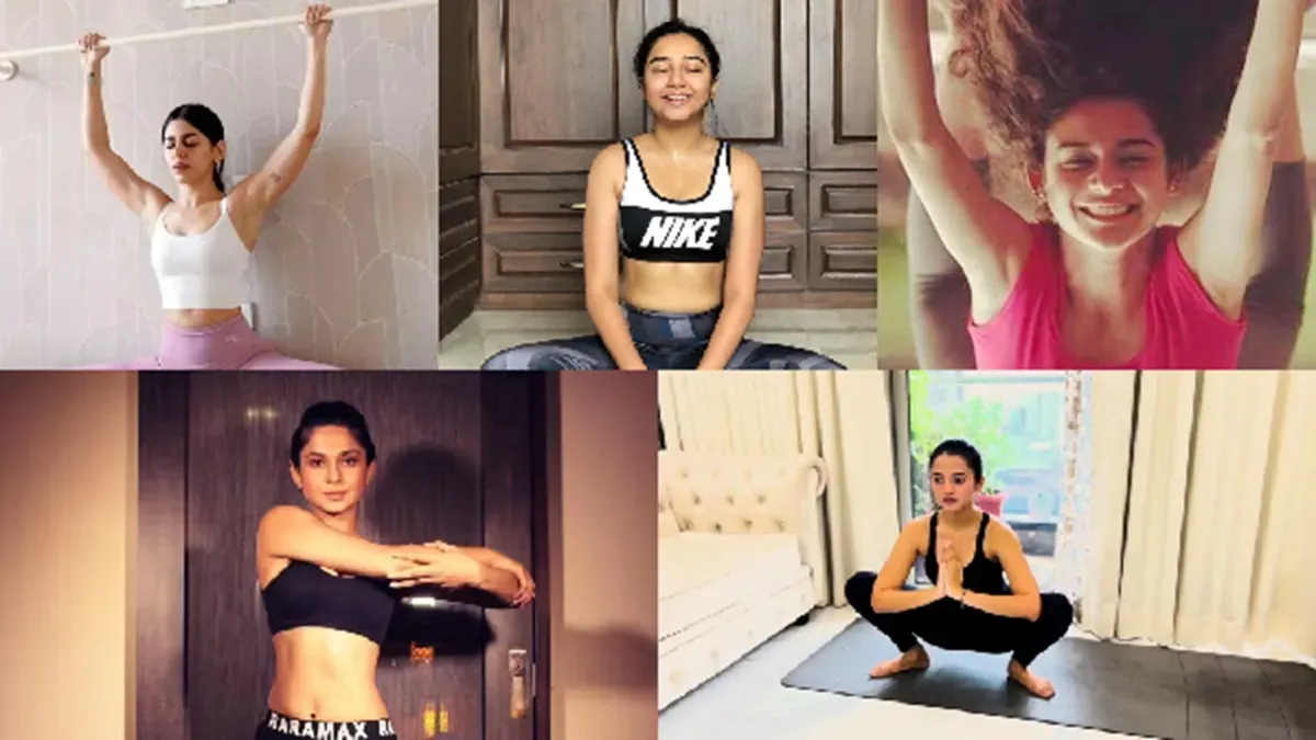 A diverse group of people practicing yoga poses together in a sunny, calming setting.
