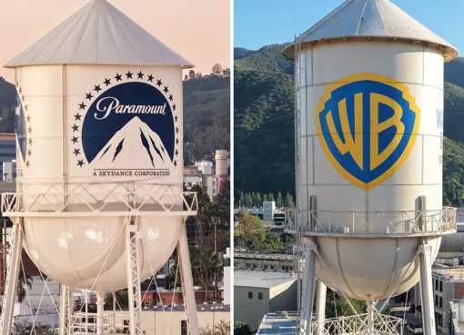 Adam Aron, CEO of AMC Theatres, looking determined as movie studio logos like Paramount and Warner Bros. merge in the background.