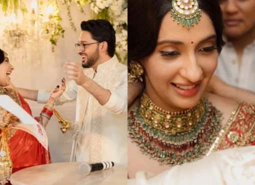Akanksha Ranjan Kapoor and Sharan Sharma smiling at their wedding ceremony