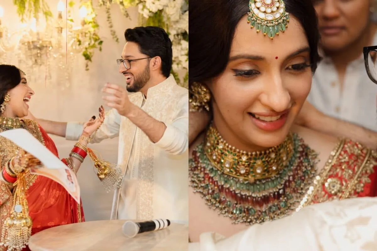 Akanksha Ranjan Kapoor and Sharan Sharma smiling at their wedding ceremony