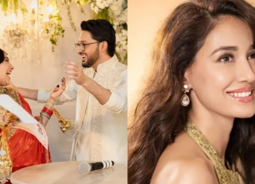 Akanksha Ranjan Kapoor and Sharan Sharma at their wedding looking happy.
