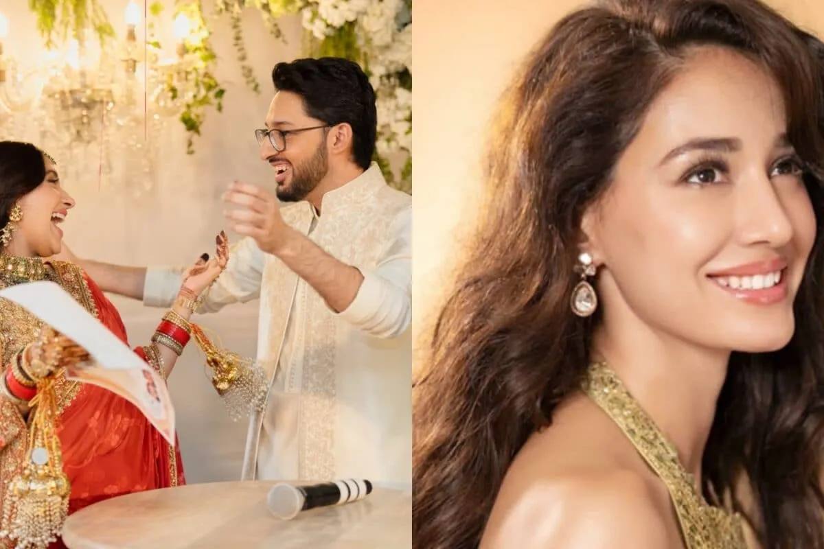 Akanksha Ranjan Kapoor and Sharan Sharma at their wedding looking happy.