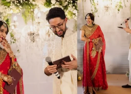 Akansha Ranjan Kapoor and Sharan Sharma smiling at their wedding