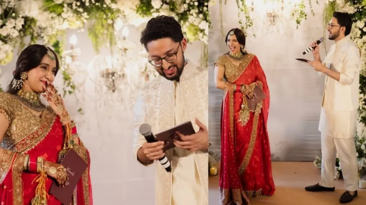 Akansha Ranjan Kapoor and Sharan Sharma smiling at their wedding