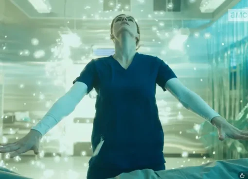 Alexandra Daddario floating with electricity around her.