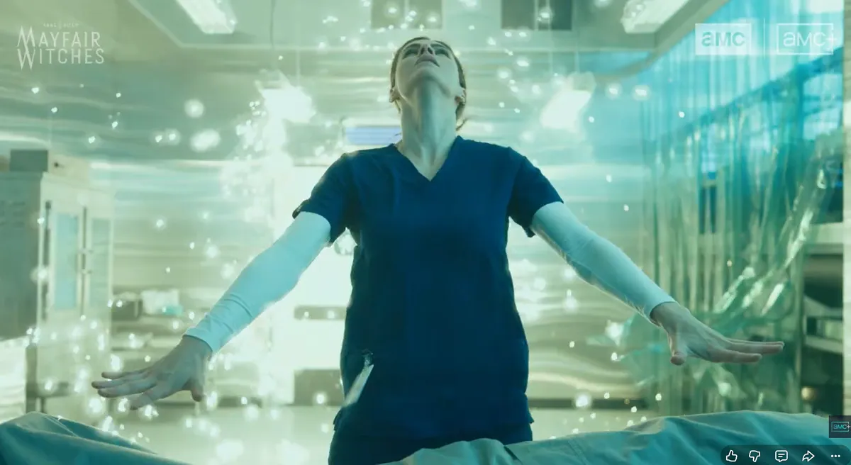 Alexandra Daddario floating with electricity around her.