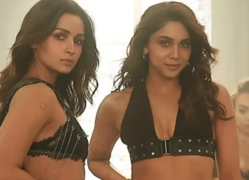 Alia Bhatt and Sharvari Wagh looking intense in a scene from the film Alpha.