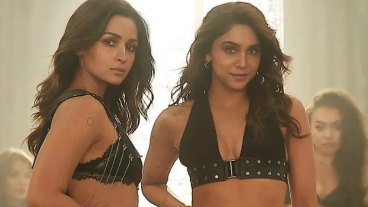 Alia Bhatt and Sharvari Wagh looking intense in a scene from the film Alpha.