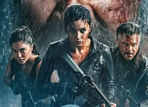 Alia Bhatt in an action pose, looking intense from her movie Alpha, with a dark and dramatic visual style.