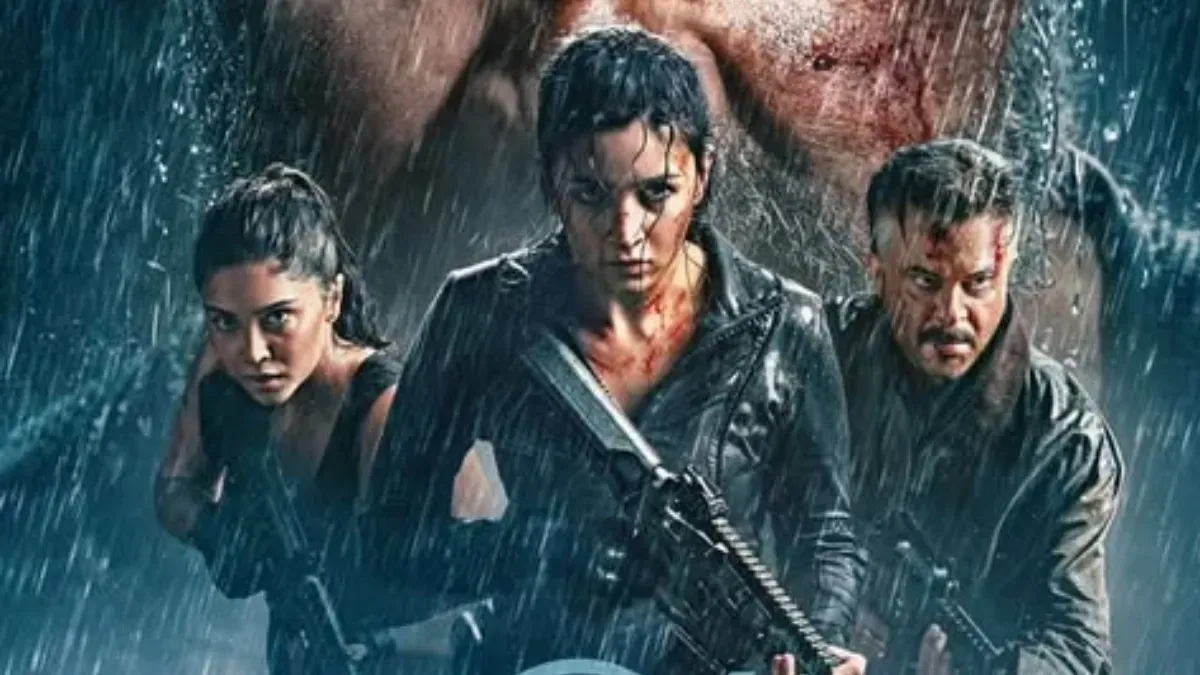 Alia Bhatt in an action pose, looking intense from her movie Alpha, with a dark and dramatic visual style.