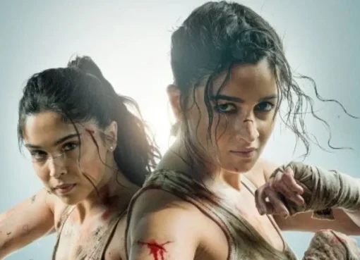 Alia Bhatt and Bobby Deol in a promotional still from the film Alpha, looking intense.