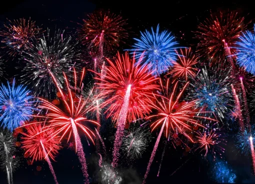 A collage of fireworks and American flags with celebratory text.