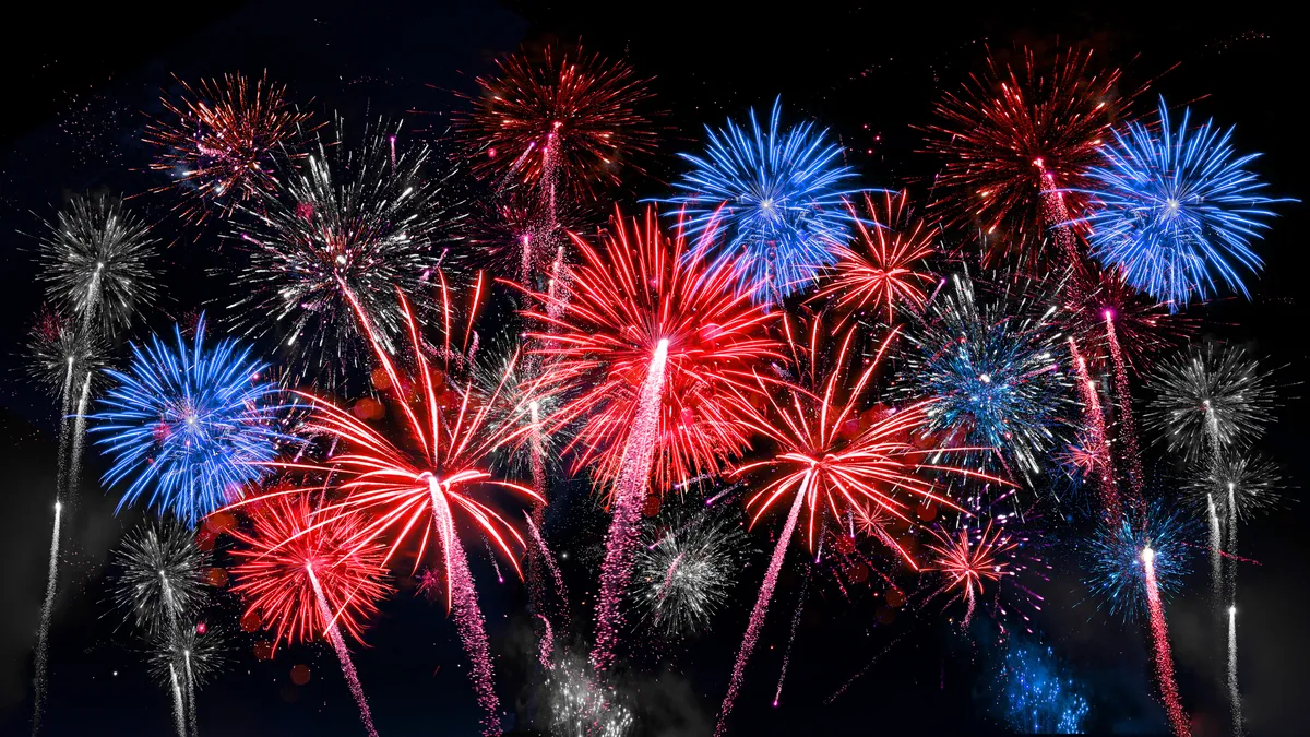 A collage of fireworks and American flags with celebratory text.