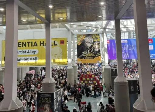 Anime fans in detailed, creative cosplay costumes at Anime Expo in Los Angeles.