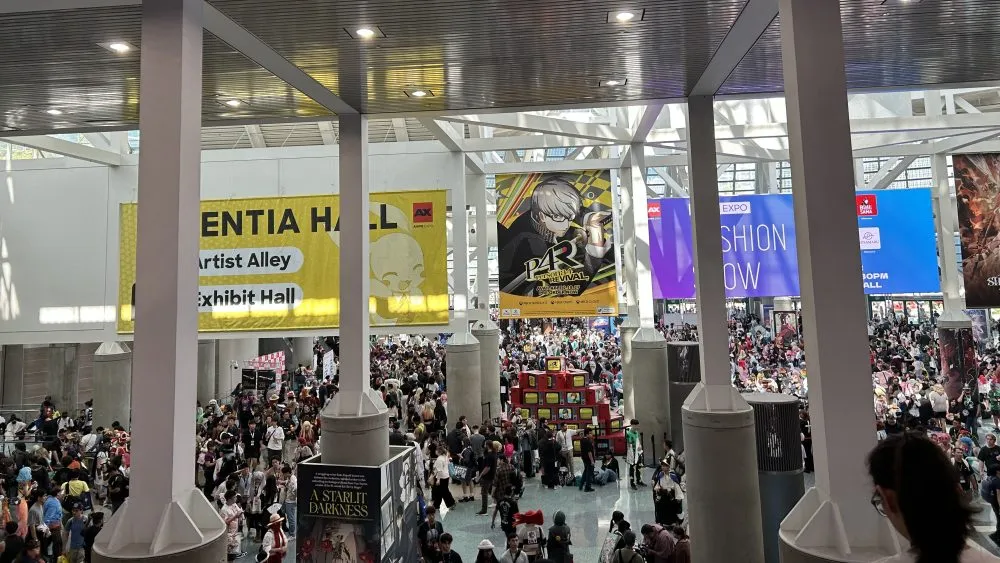 Anime fans in detailed, creative cosplay costumes at Anime Expo in Los Angeles.