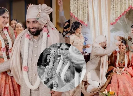Anshula Kapoor and Rohan Thakkar smiling at their wedding reception.