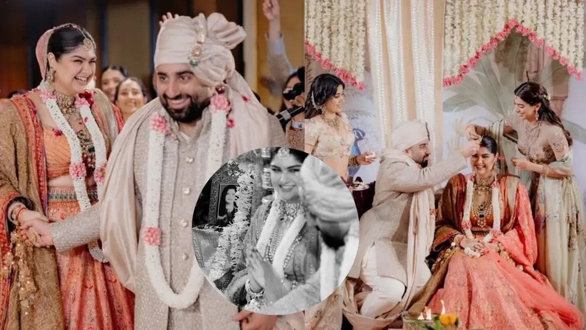 Anshula Kapoor and Rohan Thakkar smiling at their wedding reception.