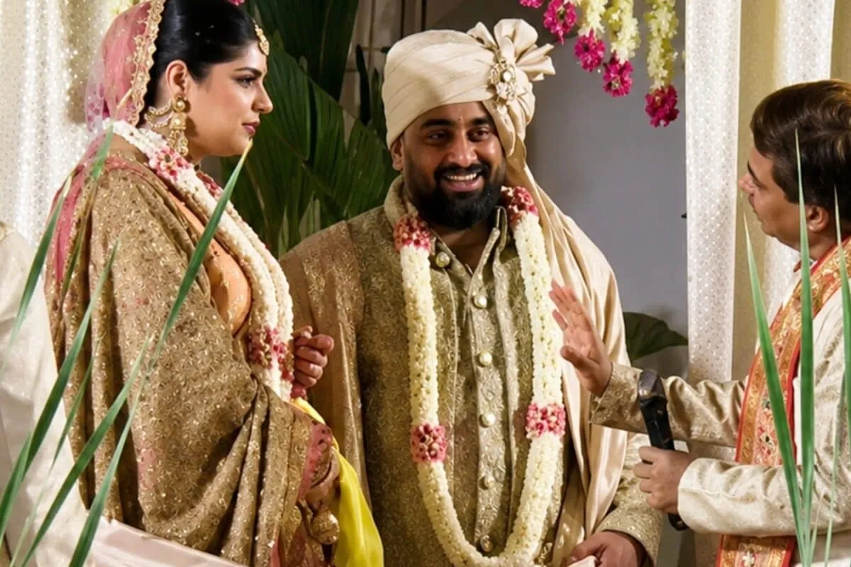 Anshula Kapoor and Rohan Thakkar smiling at their wedding.