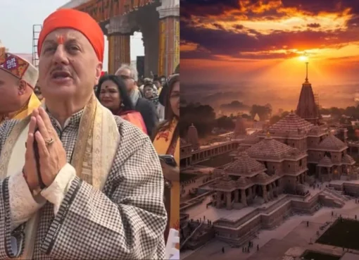Anupam Kher speaking at a podium.