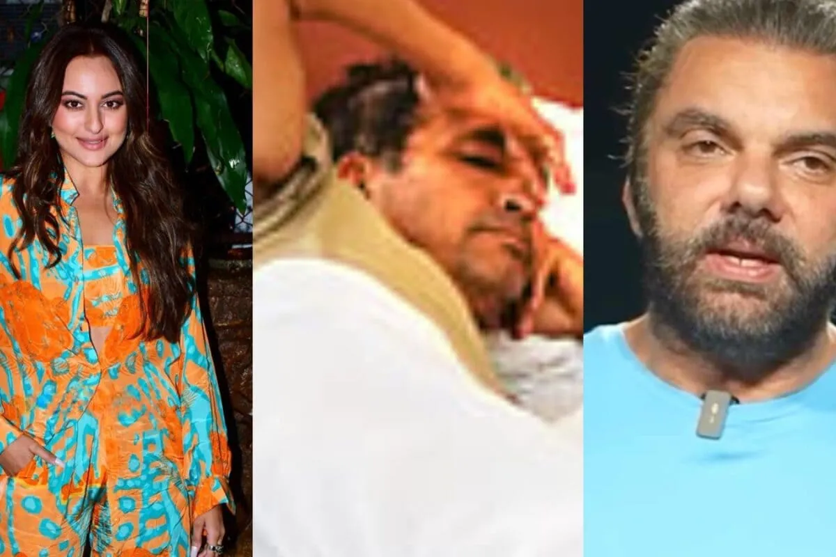 A collage showing Sonakshi Sinha at a protest and Sohail Khan looking serious.