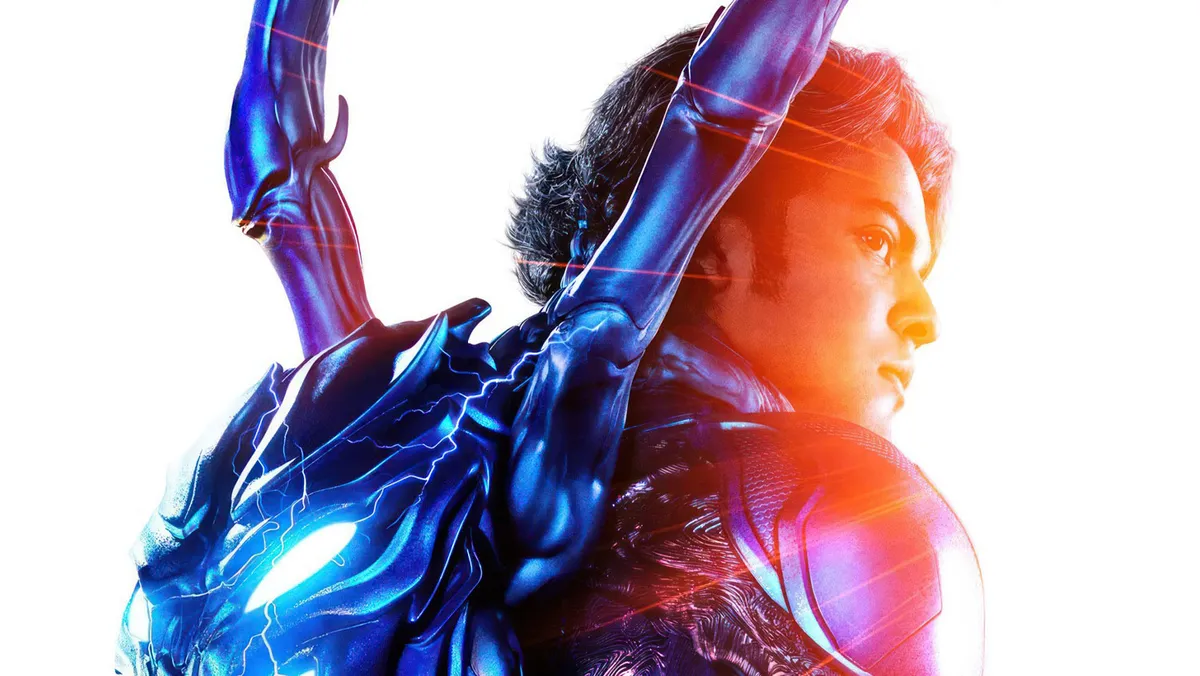 Xolo Maridueña in his Blue Beetle superhero costume.