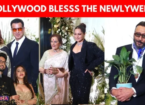 Bollywood celebrities posing at a wedding reception event in Mumbai