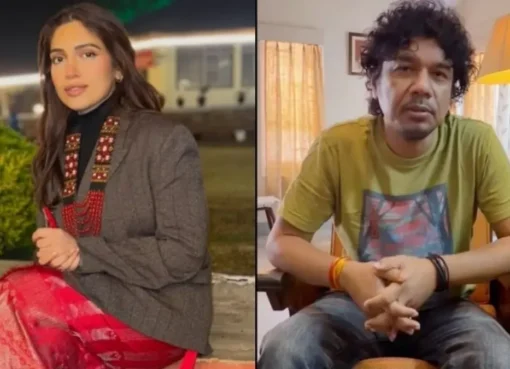 Bollywood celebrities Bhumi Pednekar and Papon using social media to rally support for Assam flood victims, against a backdrop of flood imagery.