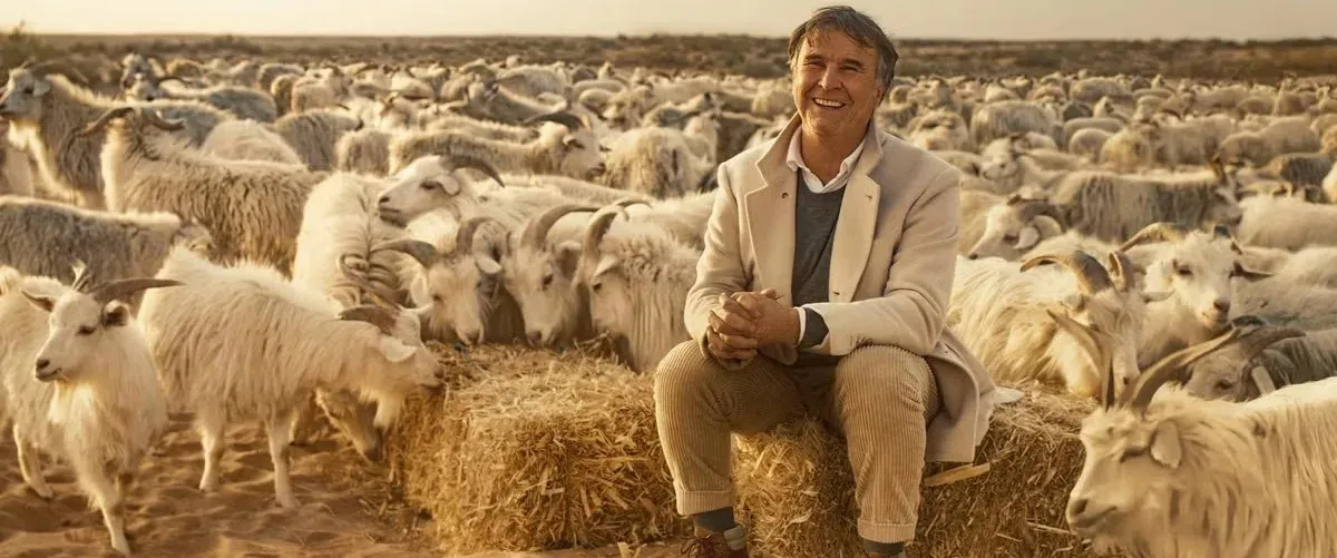 Image of Brunello Cucinelli in a stylish, high-quality suit, possibly against an Italian countryside backdrop.