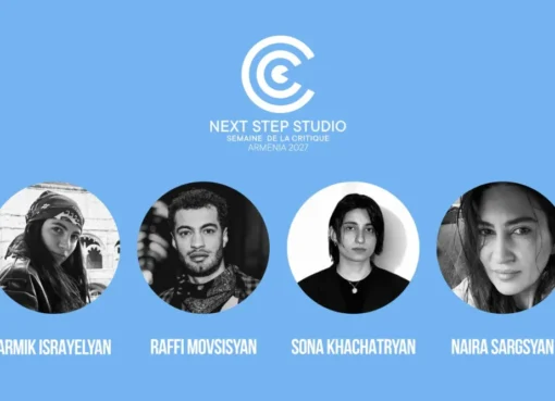 Four Armenian filmmakers, Armik Israyelyan, Raffi Movsisyan, Sona Khachatryan, and Naira Sargsyan, smiling, celebrating their selection for the Cannes Critics' Week Next Step Studio program.