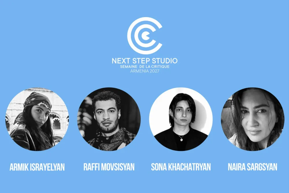 Four Armenian filmmakers, Armik Israyelyan, Raffi Movsisyan, Sona Khachatryan, and Naira Sargsyan, smiling, celebrating their selection for the Cannes Critics' Week Next Step Studio program.