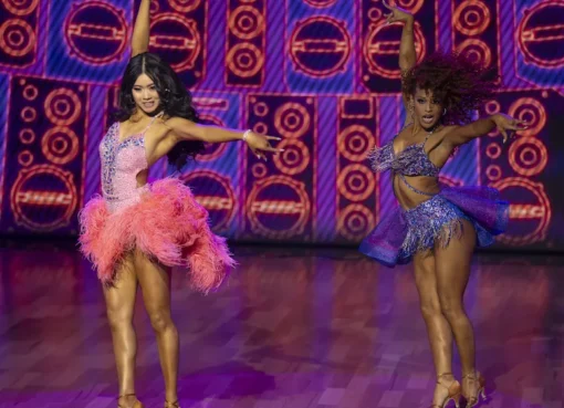 A diverse group of dancers in dazzling costumes performing a routine.
