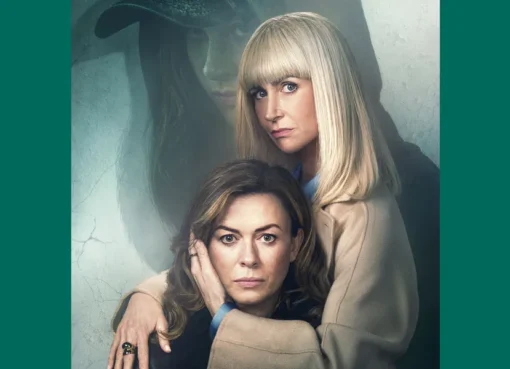 Still from The Crow Girl Season 2 trailer showing lead characters Eve Myles and Katherine Kelly in a dramatic, dark setting.