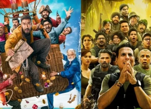 Ajay Devgn, Riteish Deshmukh, Arshad Warsi, and Jaaved Jaaferi looking excited and happy, likely celebrating their film's success.