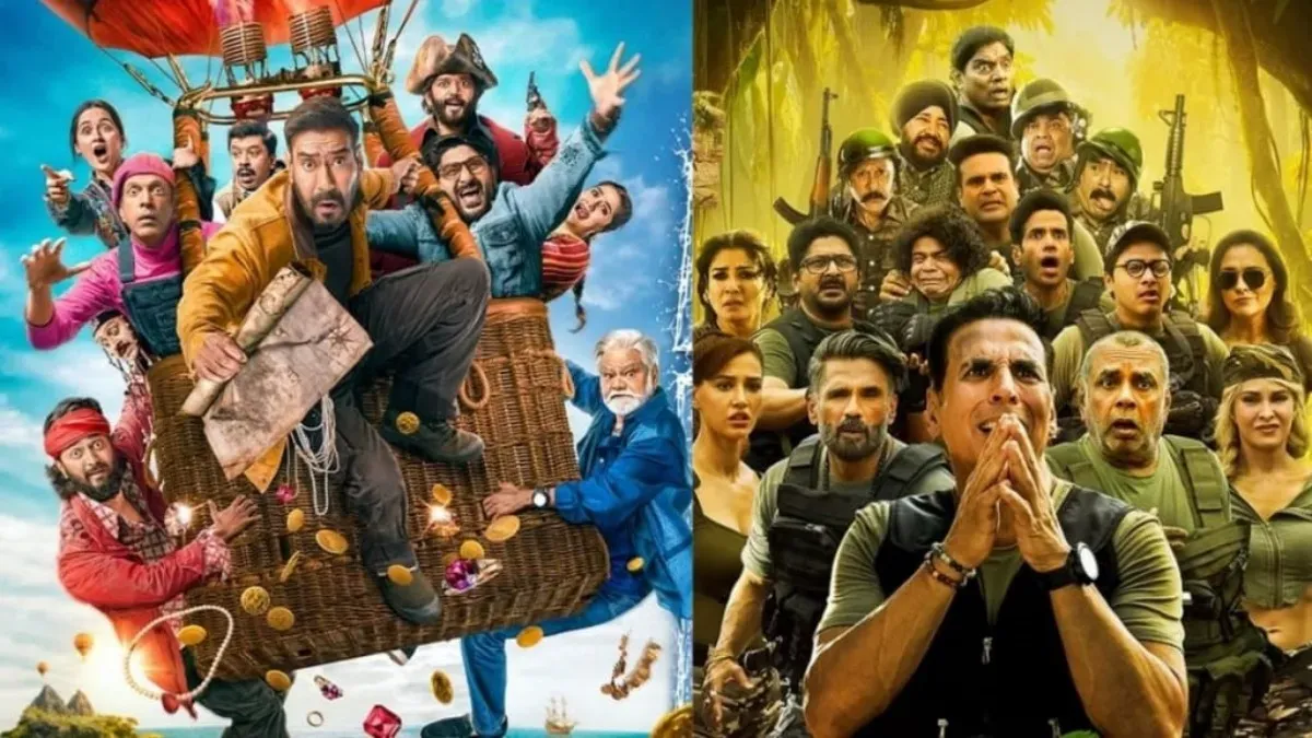 Ajay Devgn, Riteish Deshmukh, Arshad Warsi, and Jaaved Jaaferi looking excited and happy, likely celebrating their film's success.