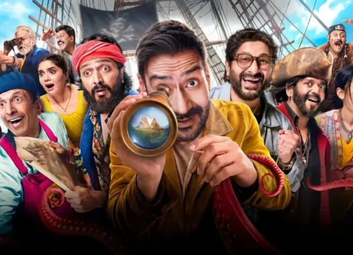 A movie poster for Dhamaal 4 with various characters looking surprised and confused, against a vibrant, energetic background.