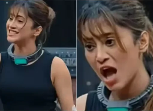 Split image showing Shivangi Joshi with different hairstyles during a dramatic scene.