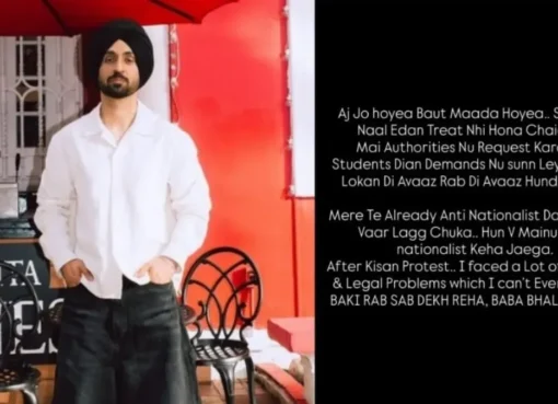 Diljit Dosanjh speaking passionately at a protest, showing support for students.